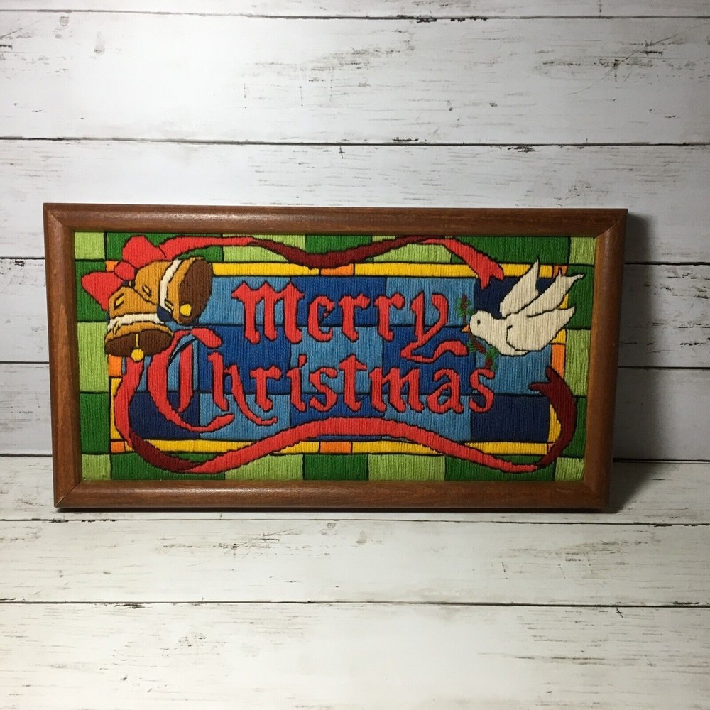 Merry Christmas Stained Glass Window Longstitch Needlepoint Wall Art Wood Frame
